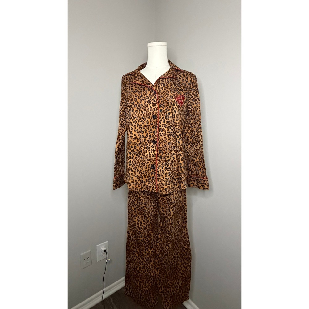 Lauren Ralph Lauren Cheetah Print Pajamas 100% Cotton Red Piping Set Medium